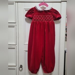 Vintage Starting Out Red Velour Smocked Outfit with Collar‎ and Bow